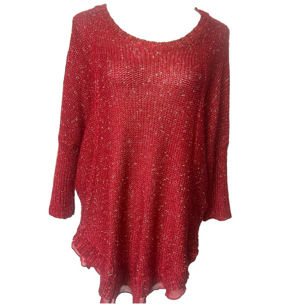 Como Black Sweater Red Metallic Knit Layered Sheer Hem Dolman 3/4 Sleeves XL